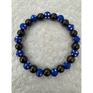 Blue Stone Stretch Bracelet with Rhinestones & Black‎ Magnetic Hematite Stones